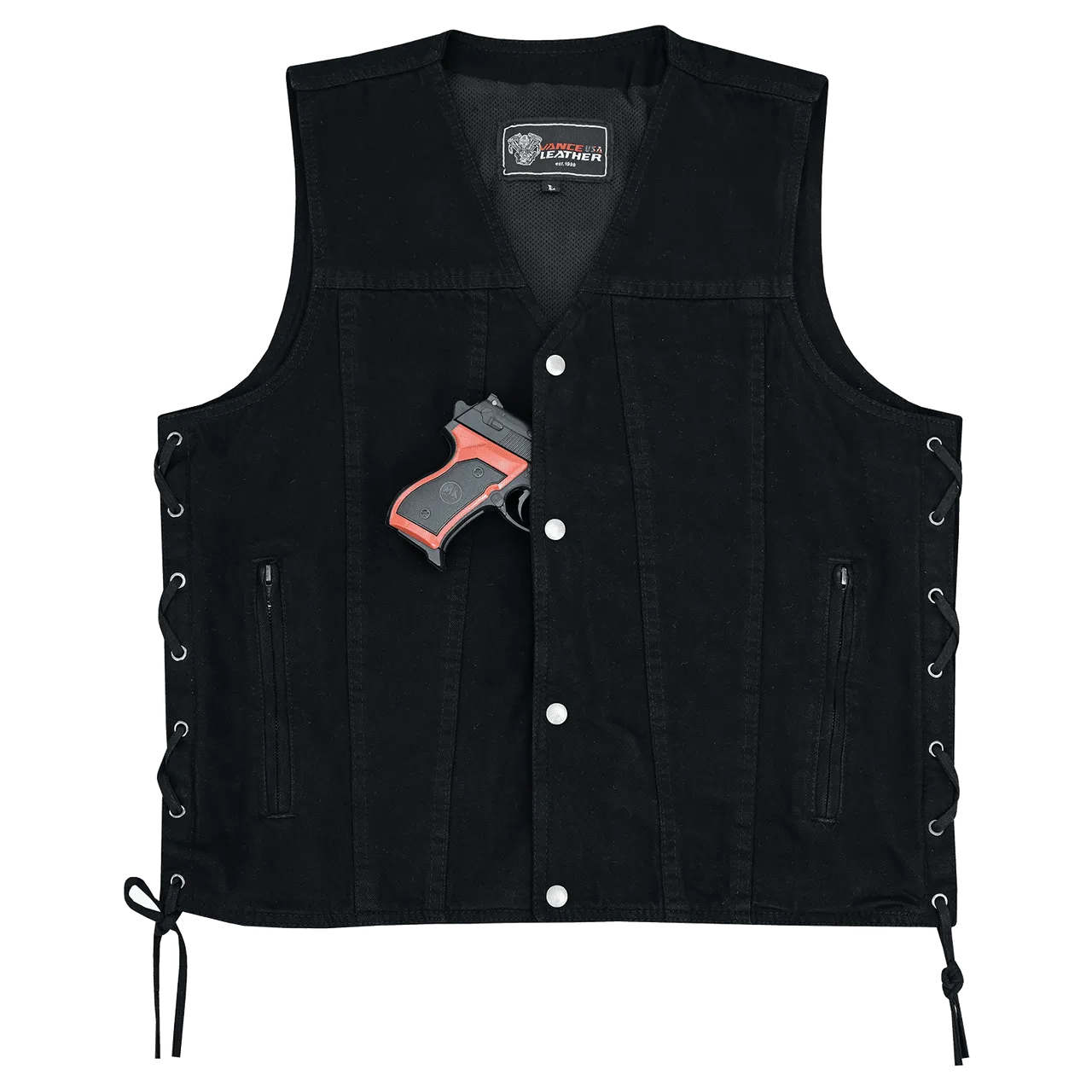 Vance Men's Black V-Neck Denim Vest for Motorcycle Riders