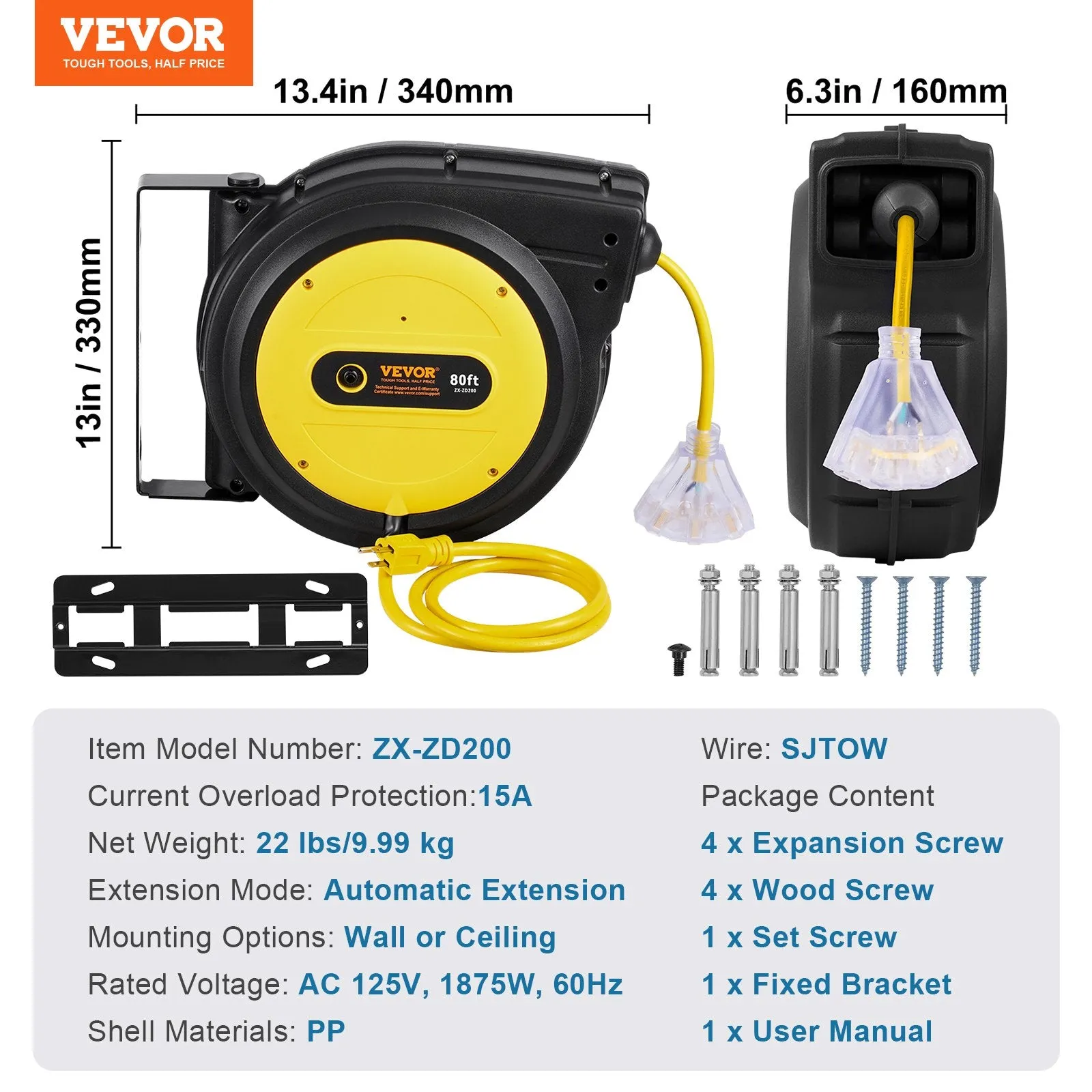 Vevor Retractable Extension Cord Reel 80' Swivel Bracket 125V 12 AWG 3C SJTOW 3 Outlet Socket New