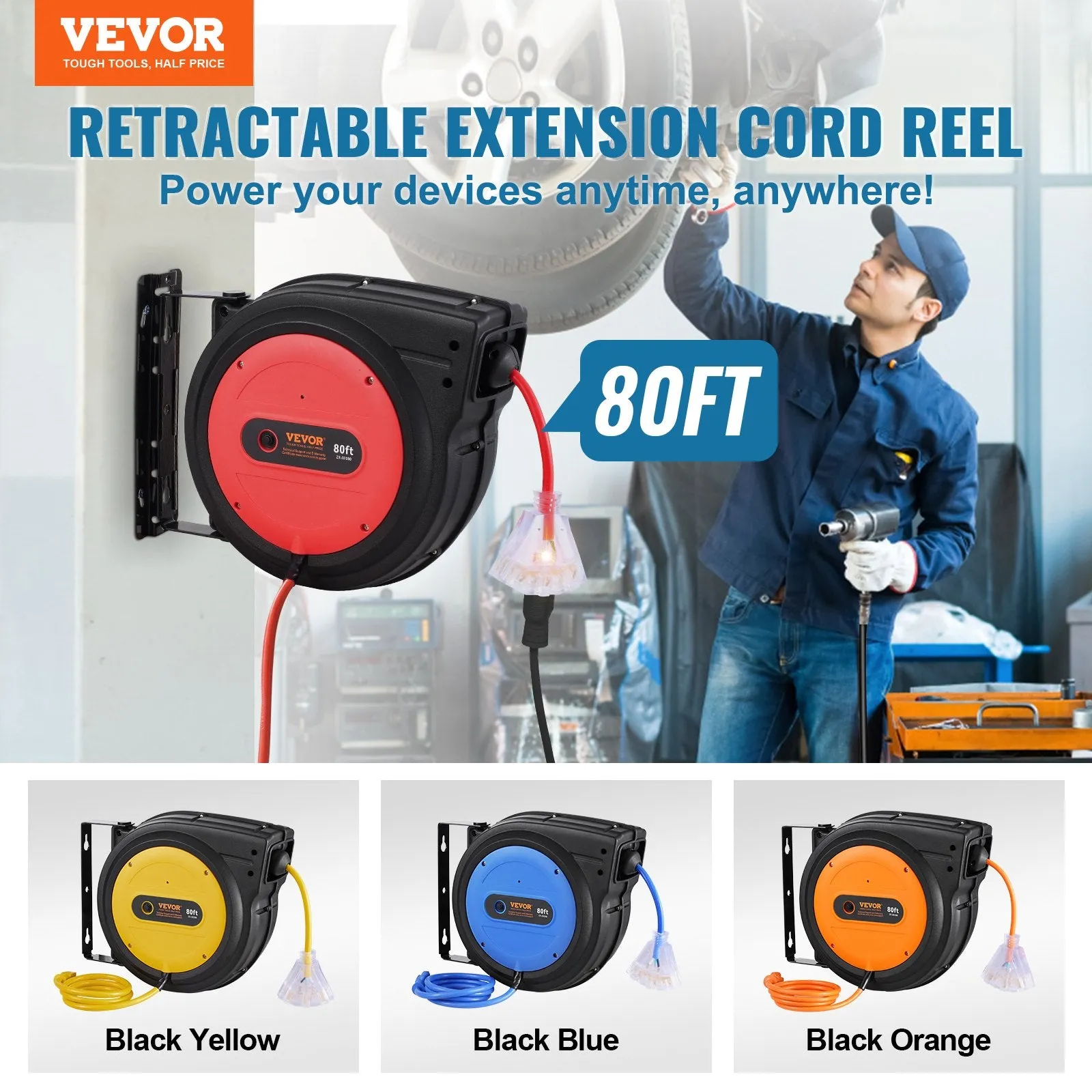 Vevor Retractable Extension Cord Reel 80' Swivel Bracket 125V 12 AWG 3C SJTOW 3 Outlet Socket New