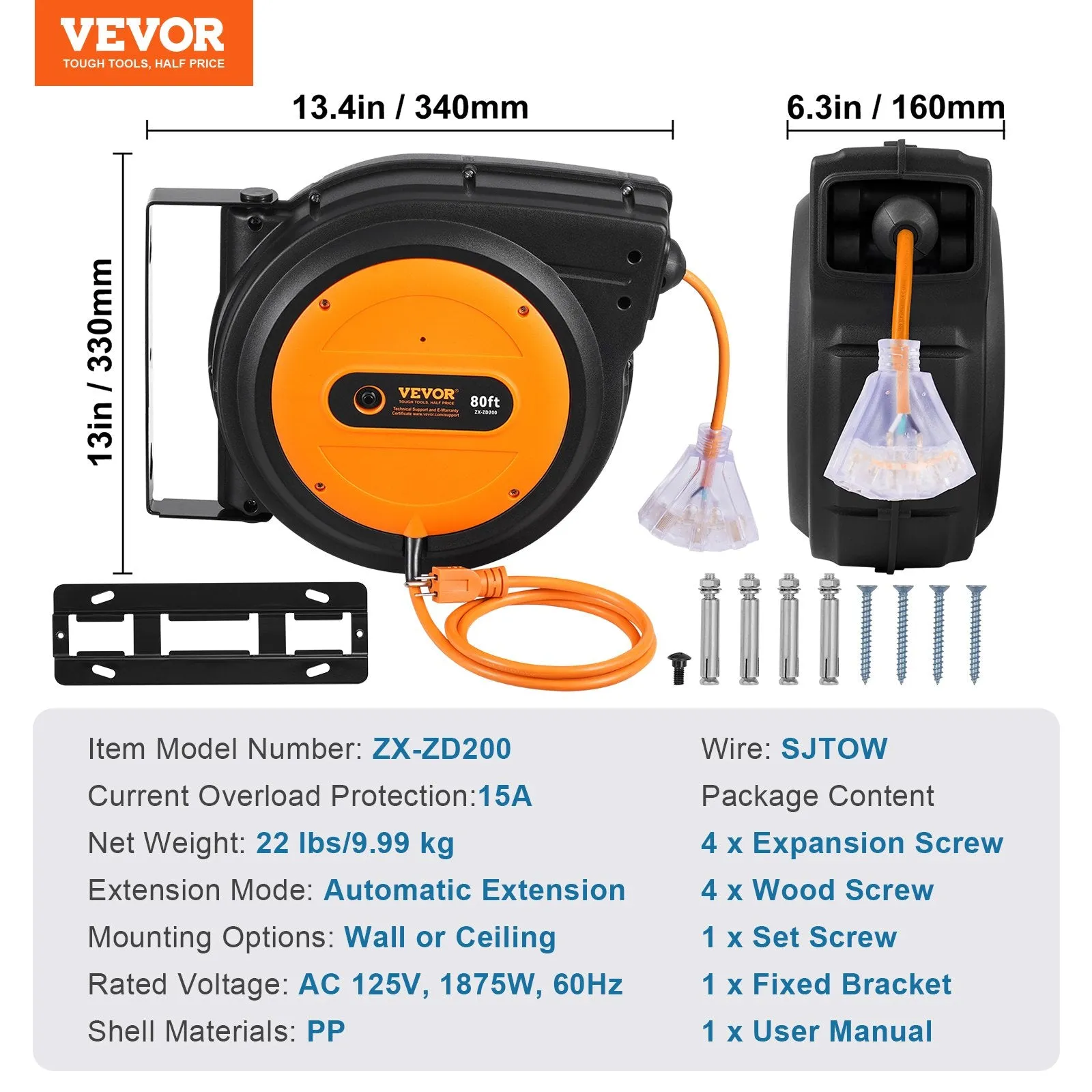 Vevor Retractable Extension Cord Reel 80' Swivel Bracket 125V 12 AWG 3C SJTOW 3 Outlet Socket New