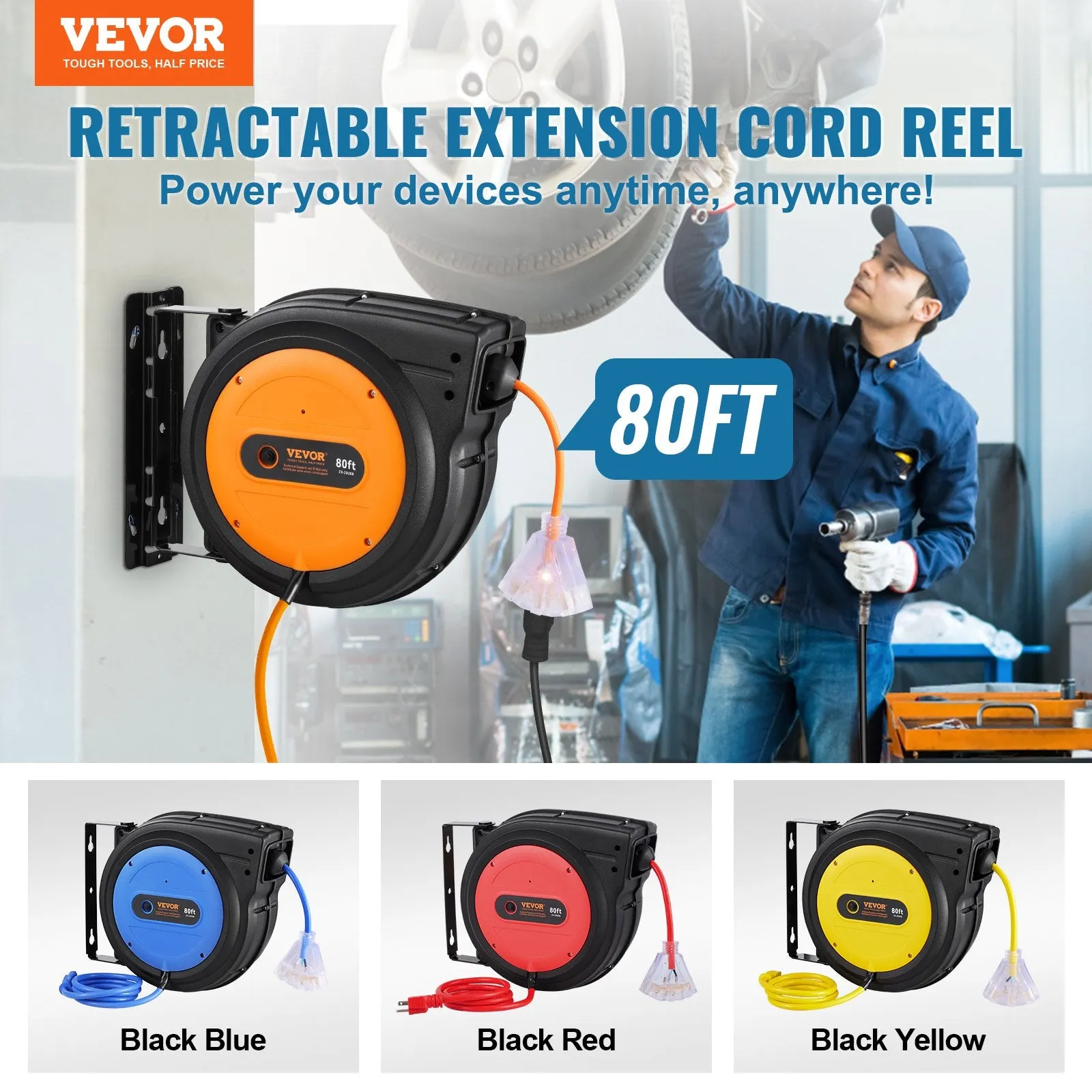 Vevor Retractable Extension Cord Reel 80' Swivel Bracket 125V 12 AWG 3C SJTOW 3 Outlet Socket New