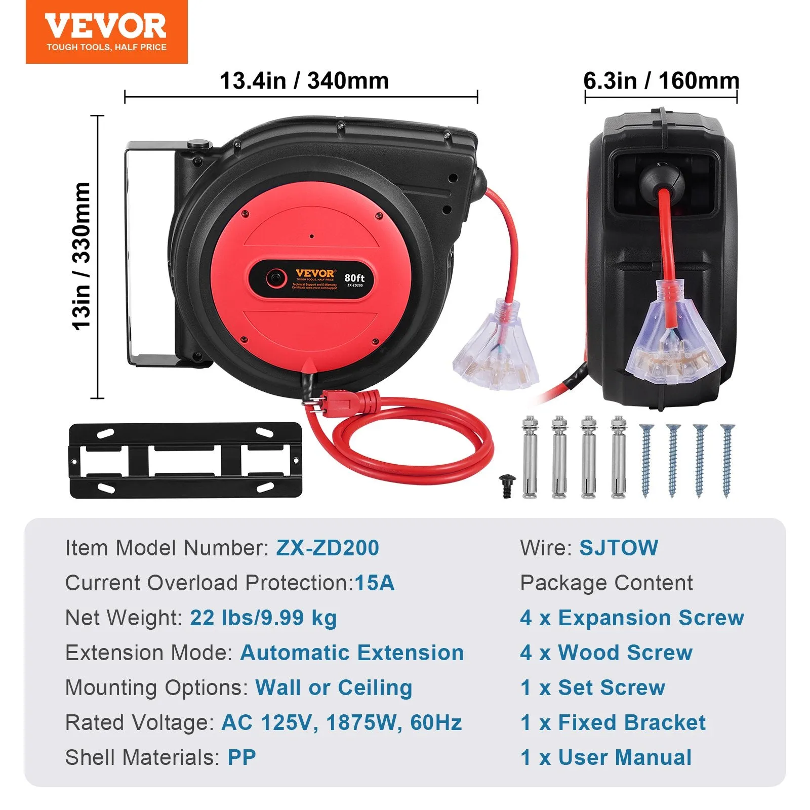 Vevor Retractable Extension Cord Reel 80' Swivel Bracket 125V 12 AWG 3C SJTOW 3 Outlet Socket New