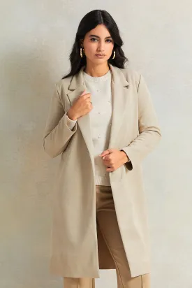 Women Beige Suede Front Open Long Jacket