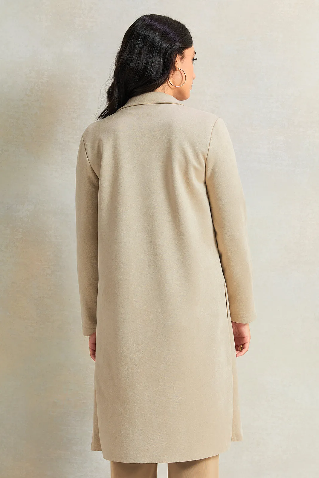 Women Beige Suede Front Open Long Jacket