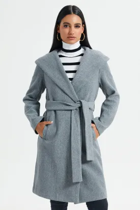 Women Grey Hooded Long Length Belted Jacket