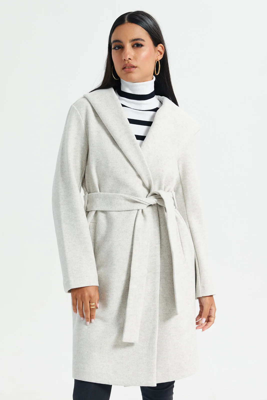 Women Ivory Hooded Belted Jacket