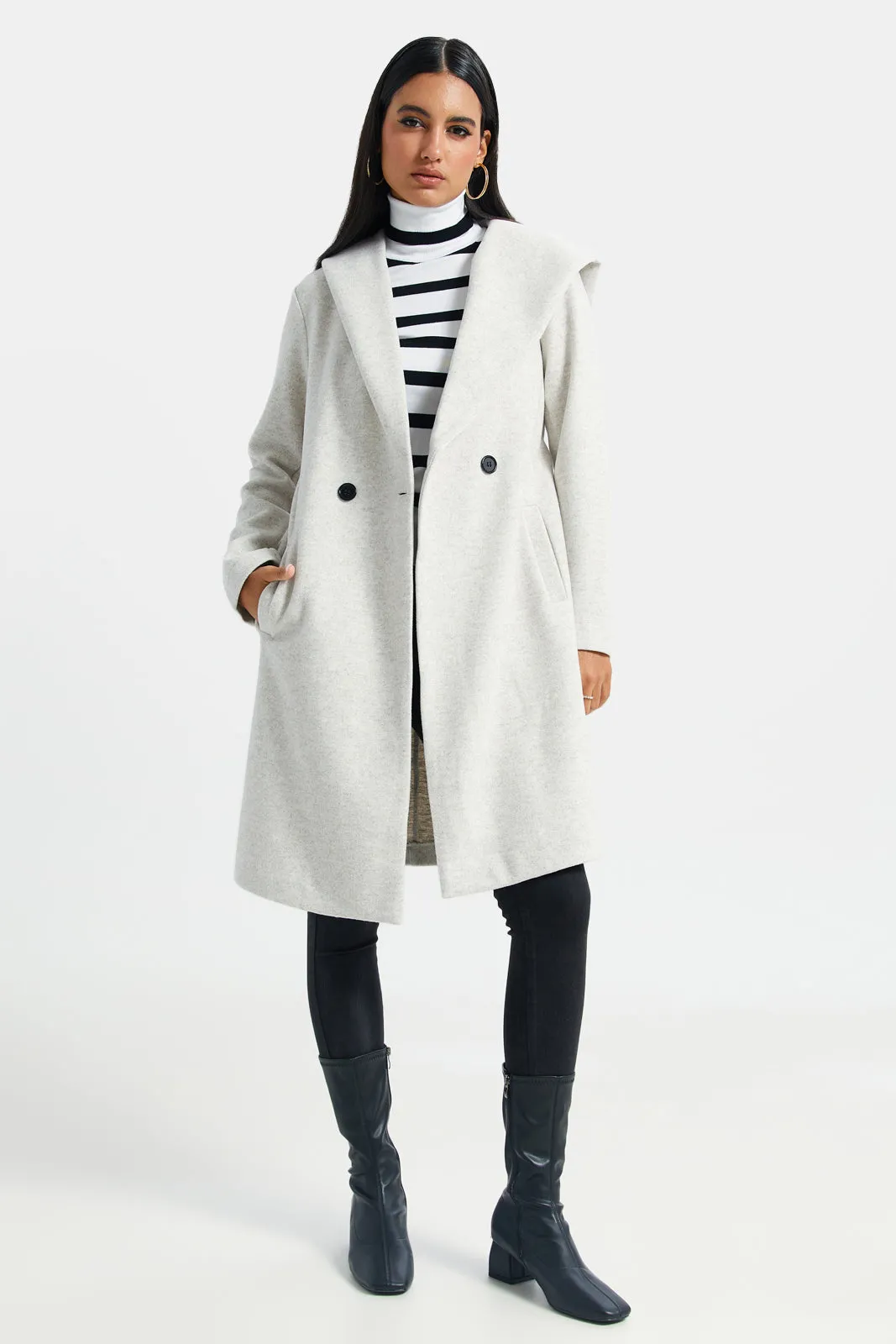 Women Ivory Hooded Belted Jacket