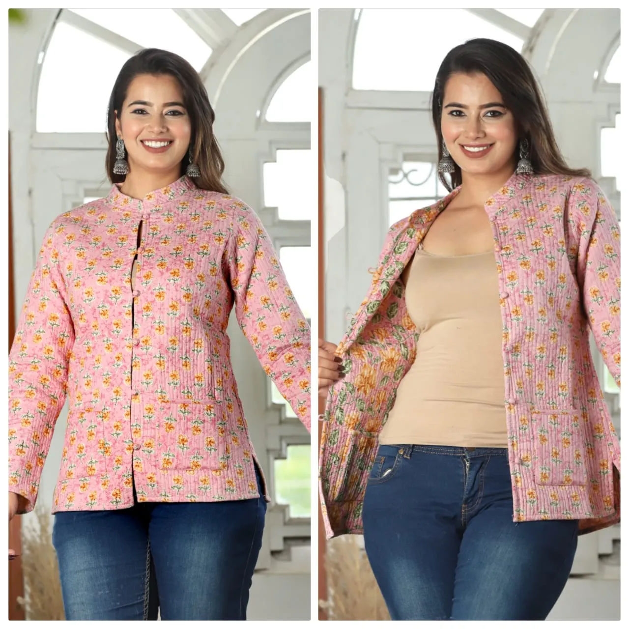 Women's Cotton Quilted Reversible Floral Jacket – Stylish & Comfortable